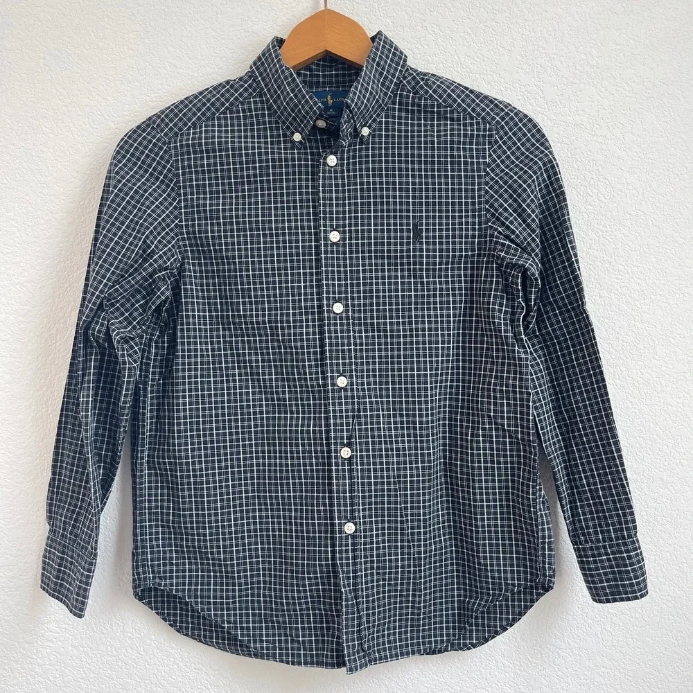Ralph Lauren Boys Navy‎ Blue White Grid Check Button Down Shirt Size M 10-12